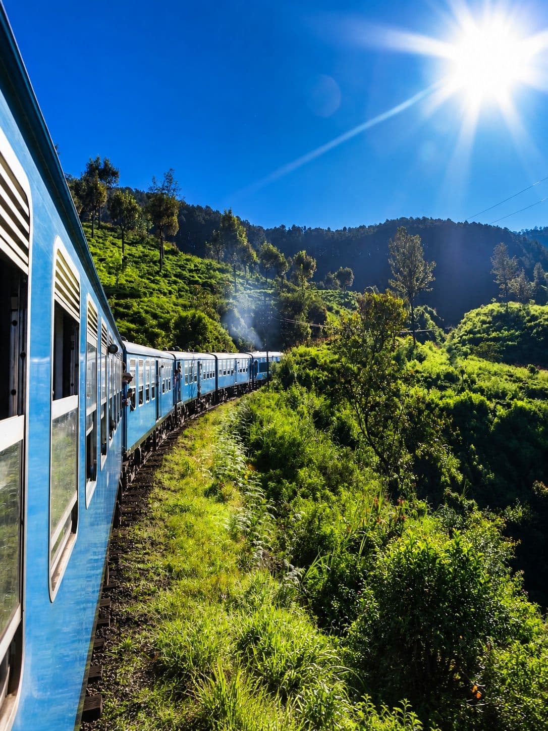 The blue train crossing Nine Arch Bridge through jungle