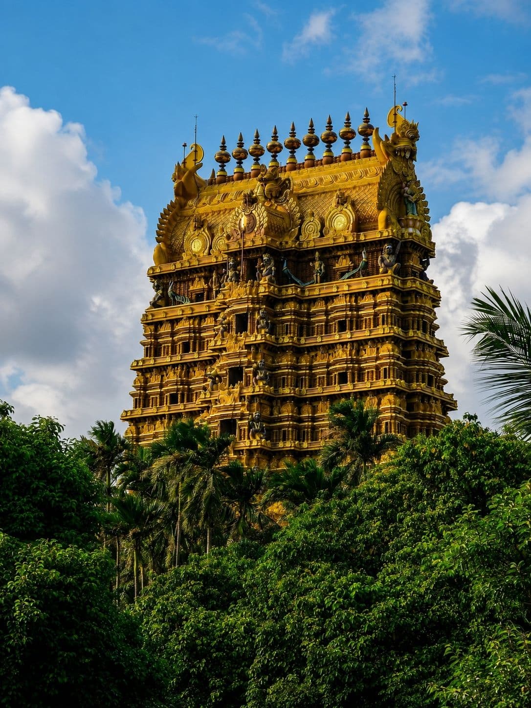 The gold gopuram of Nallur Kandaswamy Kovil against a flat northern sky