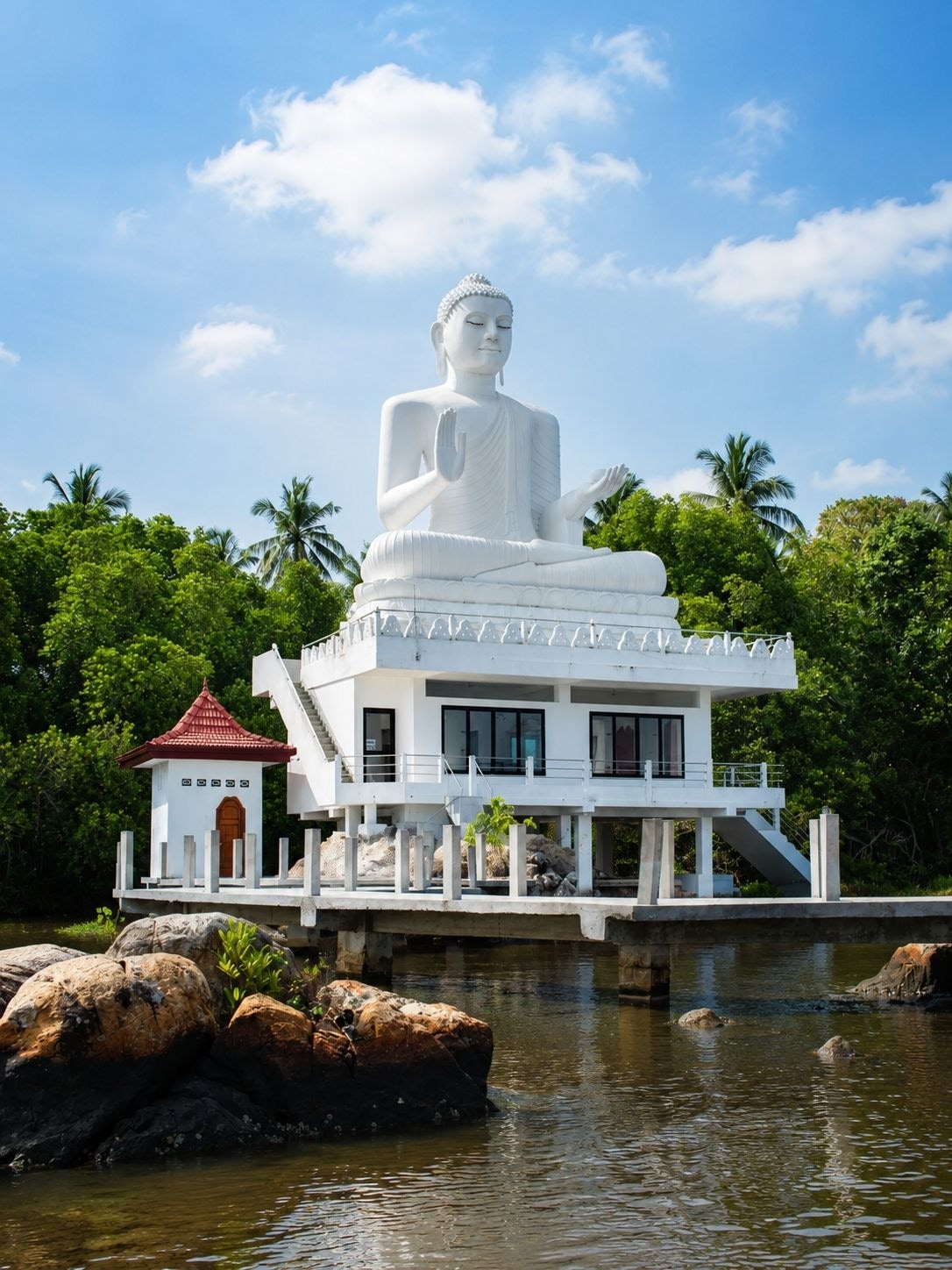 Terraces and borrowed views across the water at Lunuganga garden