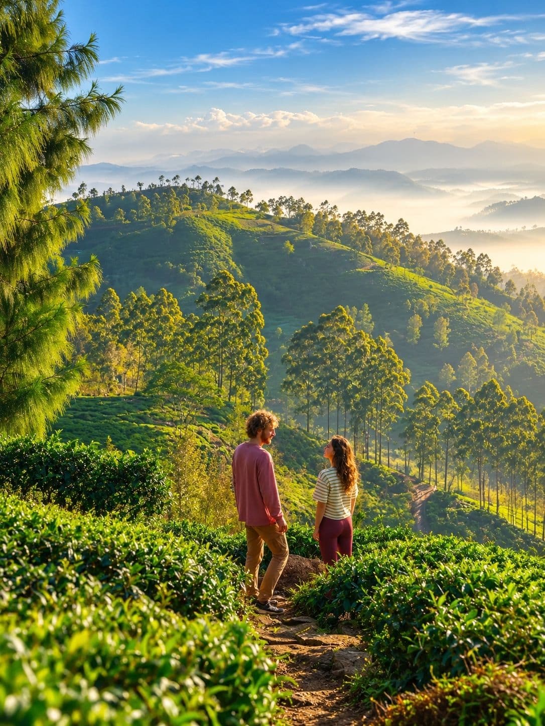 Tea pluckers working a high-grown estate above Nuwara Eliya in morning cloud