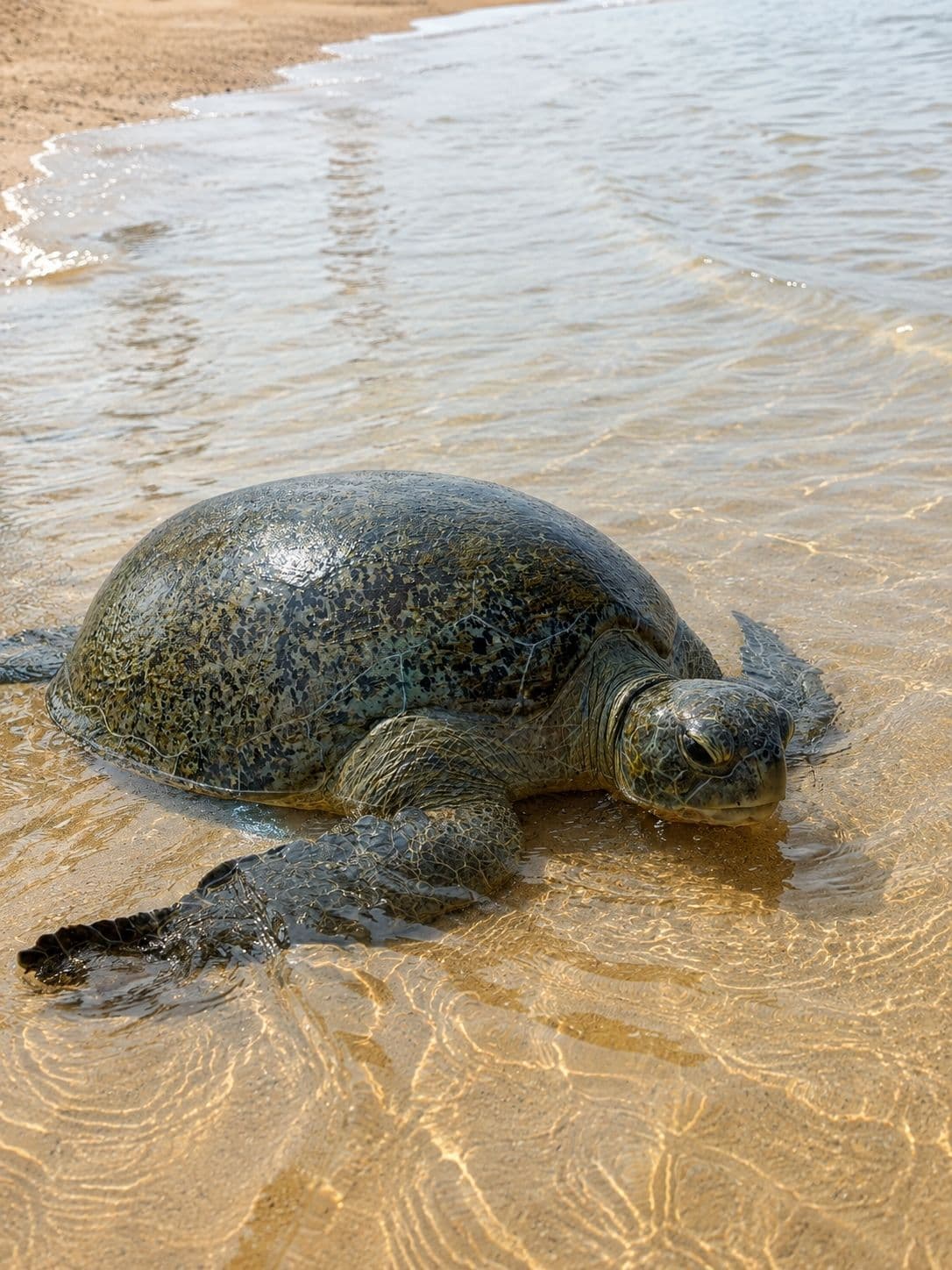 A green turtle returning to the sea at night on Rekawa beach under red light