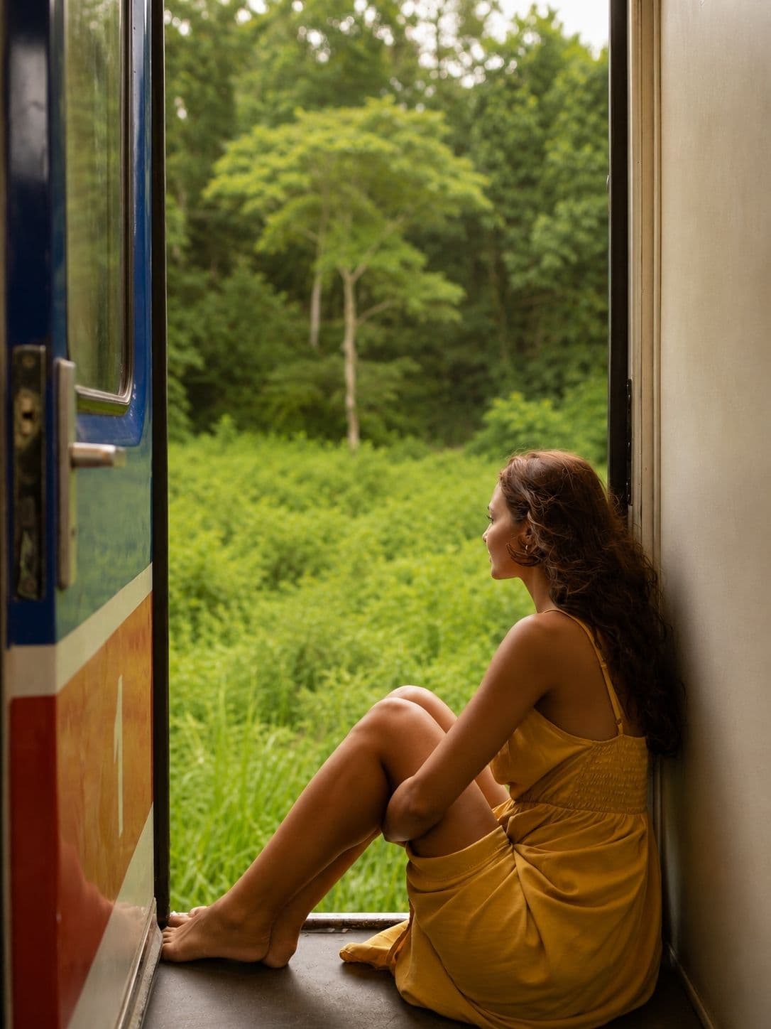 The blue train crossing a viaduct through tea terraces in the central highlands